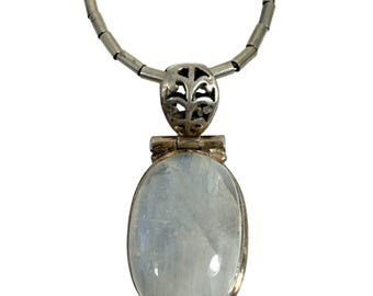 Vintage Necklace Featuring a Large Oval-Shaped Moonstone Pendant Marked 925