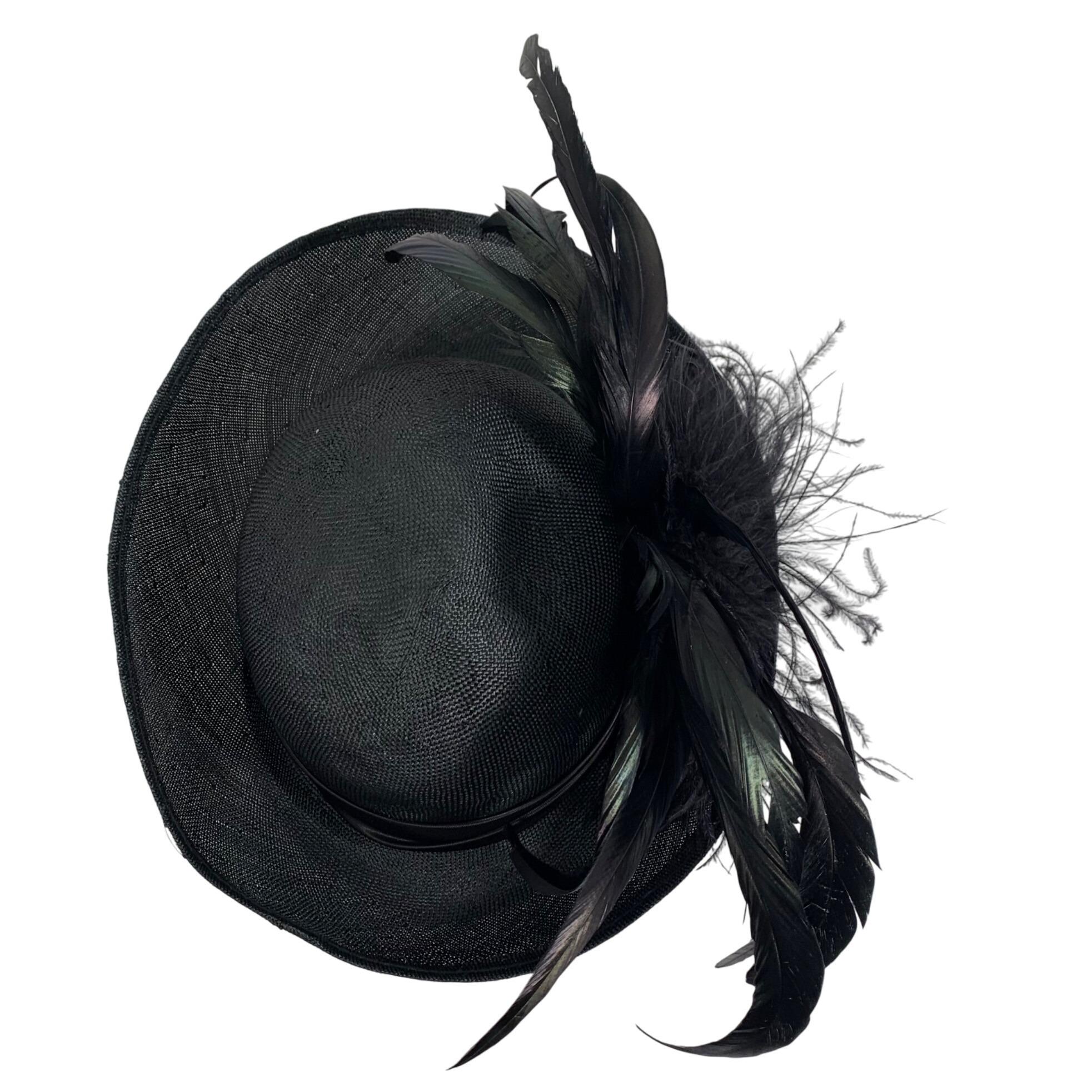VTG Mr Charles Black Straw Hat w/ Elegant Feather Accent Satin Band Fancy Derby Derby Straw Vintage Hats for Women for sale | eBay main image 4