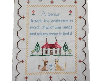 Vintage Hand-Stitched Embroidered Linen Wall Hanging A Person Travels EUC