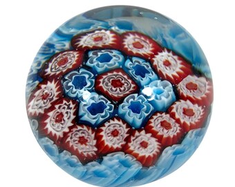 Vintage Patriotic Coloring Millefiori Glass Paperweight Red White Blue