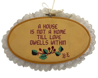 VTG Handmade Oval Cross-Stitch Wall Decor Lace Trim A House Is Not A Home..