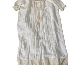Victorian Child's Off-White Pleated Christening Gown Dress Lace Trim + Slip, Hat