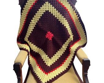 Handmade Crocheted Afghan Blanket - Brown Yellow & Red Geometric Design 34x35"