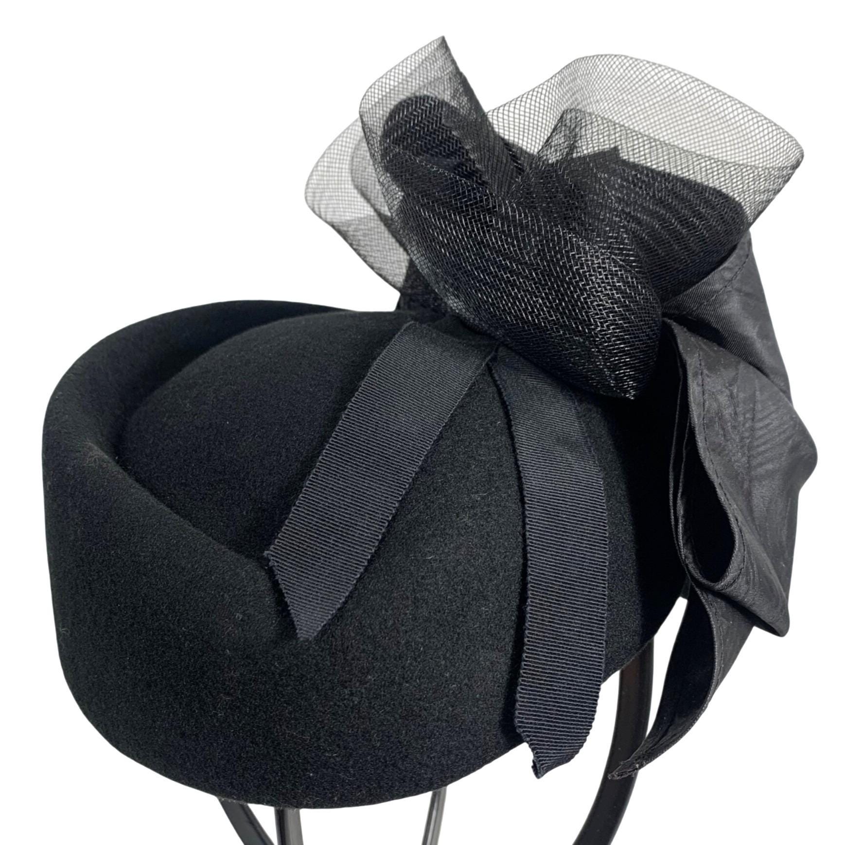 Vtg Lancaster Wool Felt Cloche‎ Hat Black Feather Grosgrain Bow Detail USA Made Vtg Lancaster Black Wool Hat - Etsy main image 4