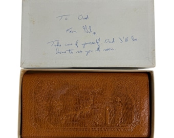NOS Japanese Embossed Leather Bifold Brown Wallet Temple Geisha Dragon w Zipper