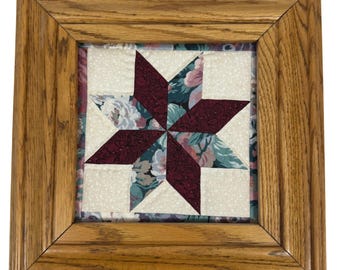 Handcrafted Floral 8 Pointed Star Quilt Block Wall Art Wood Frame 13" x 13"