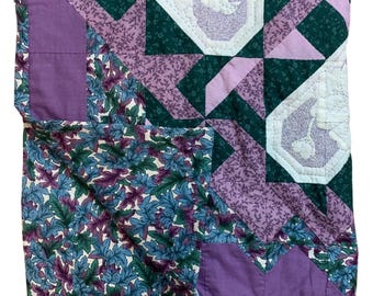 Handmade Flowers Hearts Patchwork Purple Tapestry Wall Decor Hanging 33" EUC