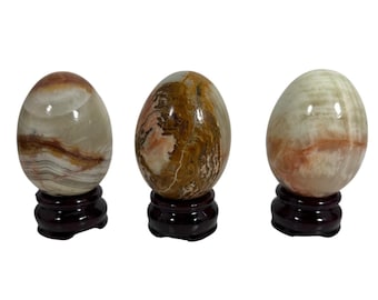 Set Of 3 Polished Onyx(?) Decorative Eggs w/ Stands Healing Energies/Gift 3.5"