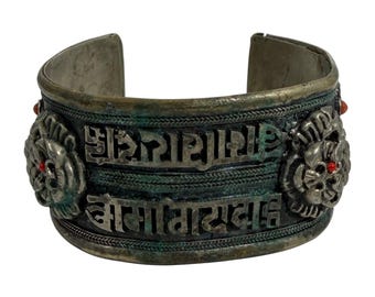 Vintage Dragon Turquoise Coral Cuff Bracelet Tibetan Silver Sanskrit Om Mantra