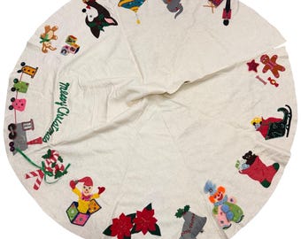 Hand Made Embellished Christmas Tree Skirt Off-White Felt Sequins Bells 64"D