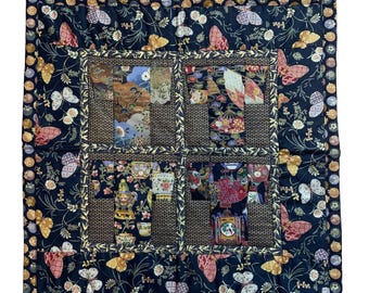 Handmade Asian Themed Butterfly Fish Kimono Patchwork Tapestry Wall Hanging 24"