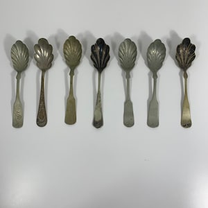 May include: Seven antique silver spoons with shell-shaped bowls are arranged on a white surface. The spoons vary in color from silver to gold, with ornate detailing on the handles and bowls. Some handles have engraved initials or patterns.