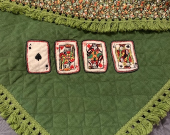 Handmade Quilted Poker Cards Playing Mat Table Cloth Fringe + Reversible Floral
