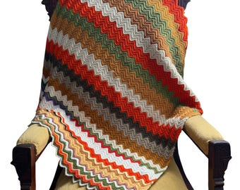 VTG Handmade Zigzag Chevron Crochet Afghan Blanket Couch Bed Throw Fall Colors