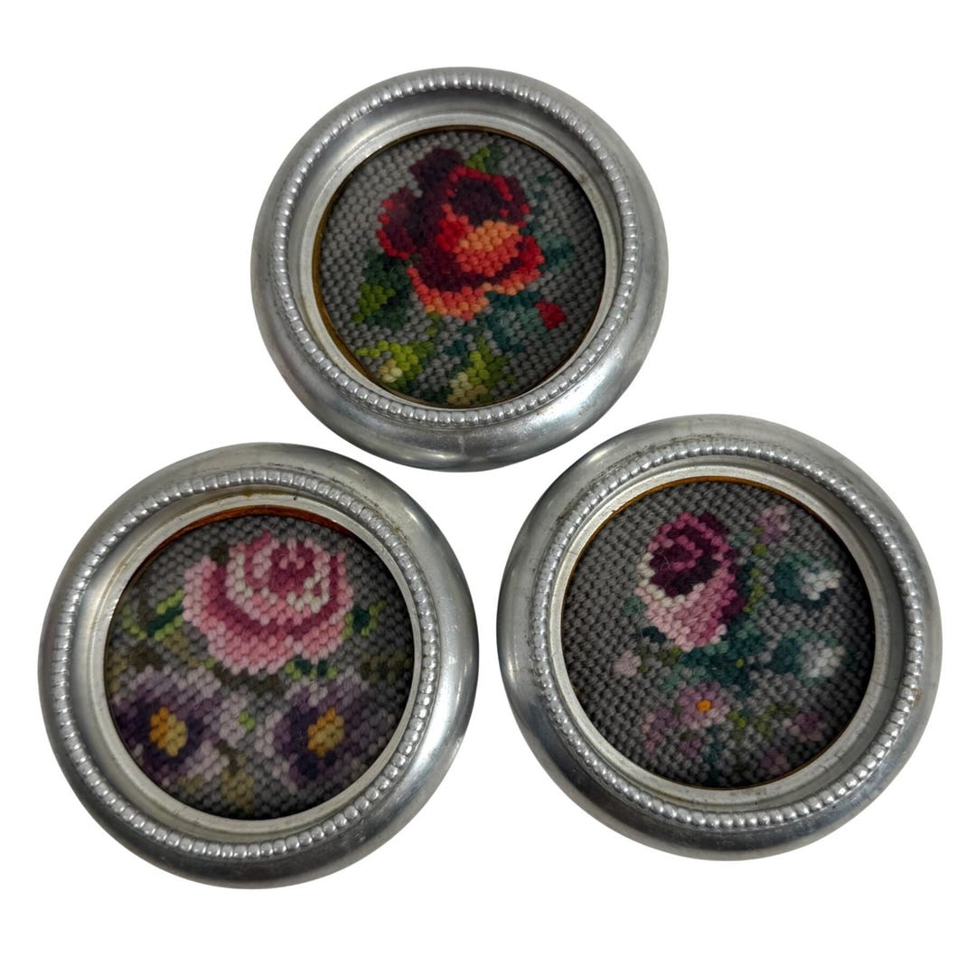 Frame Coasters Set of 3 Floral Needlepoint Coasters Glass W/ Metal Frame Hand Stitched ...