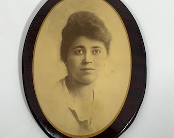 Antique Oval Celluloid Tin Sepia-Toned Portrait Beautiful Woman Frame NO STAND