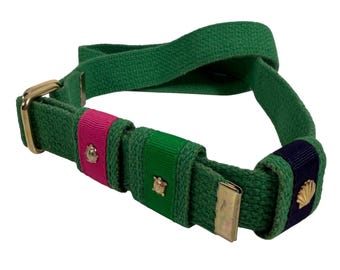 Vintage Green Adjustable Woven Belt Pink Green Navy Ribbon Accents w/ Charms