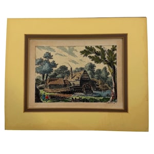 Antique 1738 Hand-Colored Print By J.G. Wille Fecit Rustic Cottage Water Mill