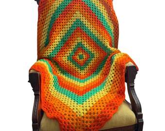Vintage Handmade Granny Square Crochet Blanket Throw Multicolor Diamond Pattern