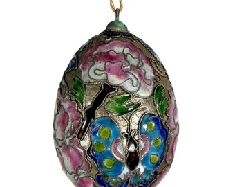 Vintage Cloisonné Enamel Butterfly Flower Silver-Tone Large Egg Ornament 4"