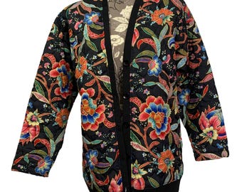 Vibrant Floral Quilted Bomber Jacket/Blazer + Shoulder Pads By Orare Made In USA