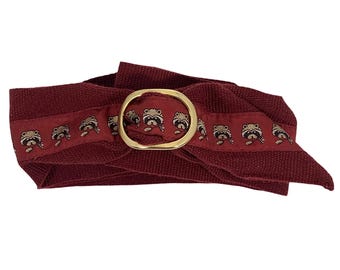 Womens Wide Brick Red Corduroy Belt Raccoon w/ Flower Ribbon Brass Buckle 34"