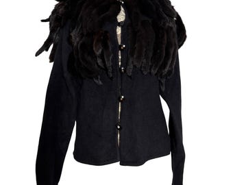Vintage 1980s Cashmere Decorative Button Up Cardigan Mink Tails Collar Size M