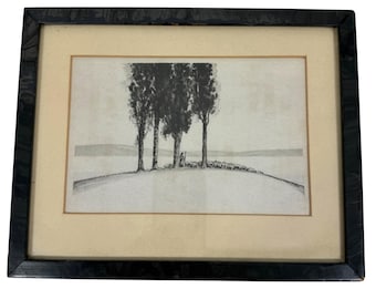 Vintage Landscape Print Of Trees + Shepherd Scene Monochromatic Black Framed