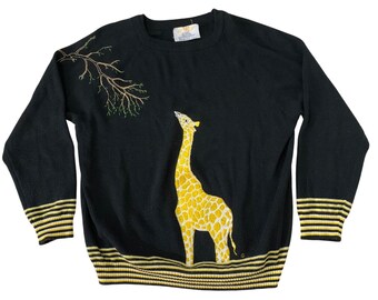 VTG 80s Cyn Les Shirlee Designs Sweater Embroidered Giraffe Womens Size 34 (L)