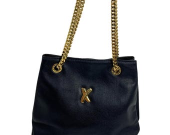 VTG PALOMA PICASSO Mini Black Leather Gold Tone Chain Strap Shoulder Handbag