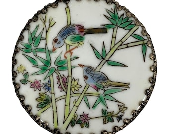 Vintage Hand-painted Floral Lovebirds Trinket Box Mirror - Porcelain and Metal