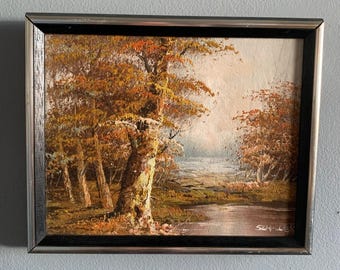 VTG Richard Schiller Autumn Forest Landscape Oil Painting Trees Stream Framed