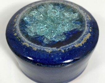 Salterra Spice Shaker Blue Ceramic Pottery w/ Geode Crackle Glass