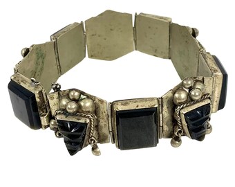 Vintage Alpaca Mexico Mayan Aztec Carved Obsidian Face Panel Bracelet 1940s