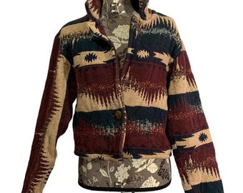 Vintage PACO SOLER Cropped Southwestern Jacket Button Woven Tapestry Womens Boho