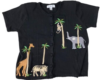 Peter Valentine Black Embellished Jungle Safari Animal S/S Cardigan Womens 1X