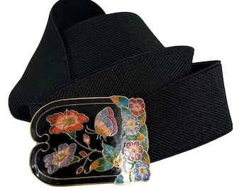 Vintage 1980s Cloisonne Multicolor Flower Butterfly Buckle w/ Elastic Belt
