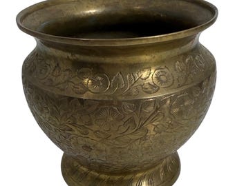 Vintage Hand Etched Brass Pot with Intricate Floral Design Signed by Artist