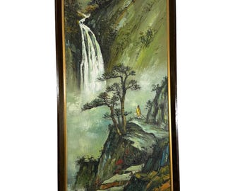 VTG Asian Original Oil Painting On Canvas Waterfall Landscape Framed Signed MCM