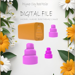 Może przedstawiać: Plik cyfrowy do wałka do koralików z polimerowej gliny. Wałek jest pomarańczowy i ma wzór trzypiętrowego tortu urodzinowego. Obraz pokazuje również trzy różne rozmiary wzoru tortu w kolorze różowym.