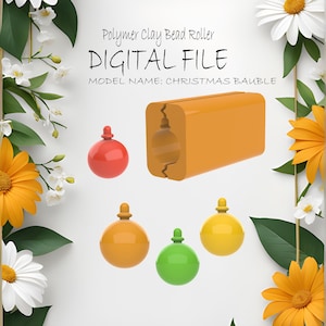 May include: A digital file for a polymer clay bead roller, designed to create Christmas baubles. The image shows the roller, which is orange, and four examples of the baubles it can create, in red, orange, yellow, and green.