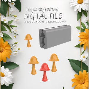 May include: Polymer Clay Bead Roller Digital File Model Name: MUSHROOM 4. A gray polymer clay bead roller with a mushroom design. There are five mushroom-shaped beads in different colors: red, orange, and yellow.