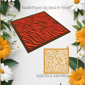 May include: Reusable polymer clay stencil for creating a zebra pattern texture. The stencil is shown on a white background with flowers. The stencil is brown with a red zebra pattern. The digital file for the stencil is shown in the lower right corner of the image. The digital file is gold with a white zebra pattern.
