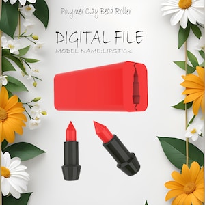 Może przedstawiać: Plik cyfrowy do wałka do koralików z polimerowej gliny, nazwa modelu: LIPSTICK. Obraz przedstawia czerwony wałek z formą w kształcie szminki i dwa renderowania 3D gotowego produktu.