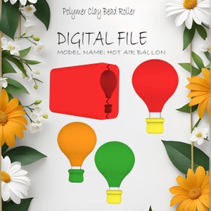 May include: Digital file for a polymer clay bead roller. The file is for a hot air balloon design. The image shows a red, orange, and green hot air balloon design.