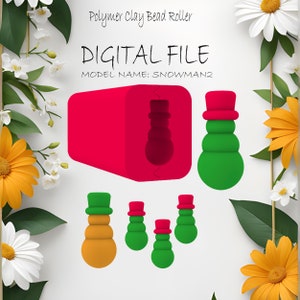 Puede incluir: Archivo digital para un rodillo de cuentas de arcilla polimérica. El archivo es para un diseño de muñeco de nieve con un sombrero rojo y un cuerpo verde. La imagen muestra el molde del rodillo y varios ejemplos de cuentas de muñeco de nieve.
