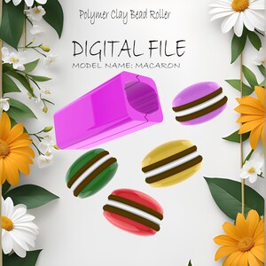 May include: A pink polymer clay bead roller with a square opening. The roller is designed to create macaron-shaped beads. Four macaron-shaped beads are shown in different colors: green, yellow, purple, and red.