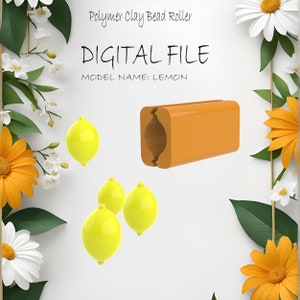 Könnte beinhalten: Digitale Datei für eine Polymer Clay Bead Roller. Das Modell heißt "Lemon" und wird mit einer 3D-Darstellung einer zitronenförmigen Perlenrolle gezeigt.