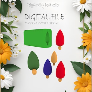 Puede incluir: Archivo digital para un rodillo de arcilla polimérica, nombre del modelo TREE_2. La imagen muestra un rodillo verde con un recorte en forma de árbol y cinco cuentas en forma de árbol de diferentes colores.