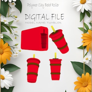 Puede incluir: Archivo digital para un rodillo de cuentas de arcilla polimérica. El archivo es para un diseño de vaso. La imagen muestra un vaso rojo con una banda marrón y una pajita amarilla. El archivo es para una descarga digital, no un producto físico.